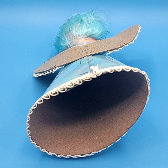 Vintage 1960s Blue Hair Angel Tree Topper Iridescent Gown Tinsel Halo Retro Xmas - Picture 11 of 12